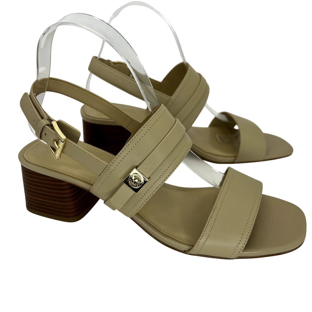 MICHAEL Michael Kors Beige Nude Leather Block Heel Sandal Slingback Square Toe 9